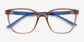 Identical Clear Brown & Blue Plastique Montures de lunettes de vue d'EyeBuyDirect, Vue Rapprochée